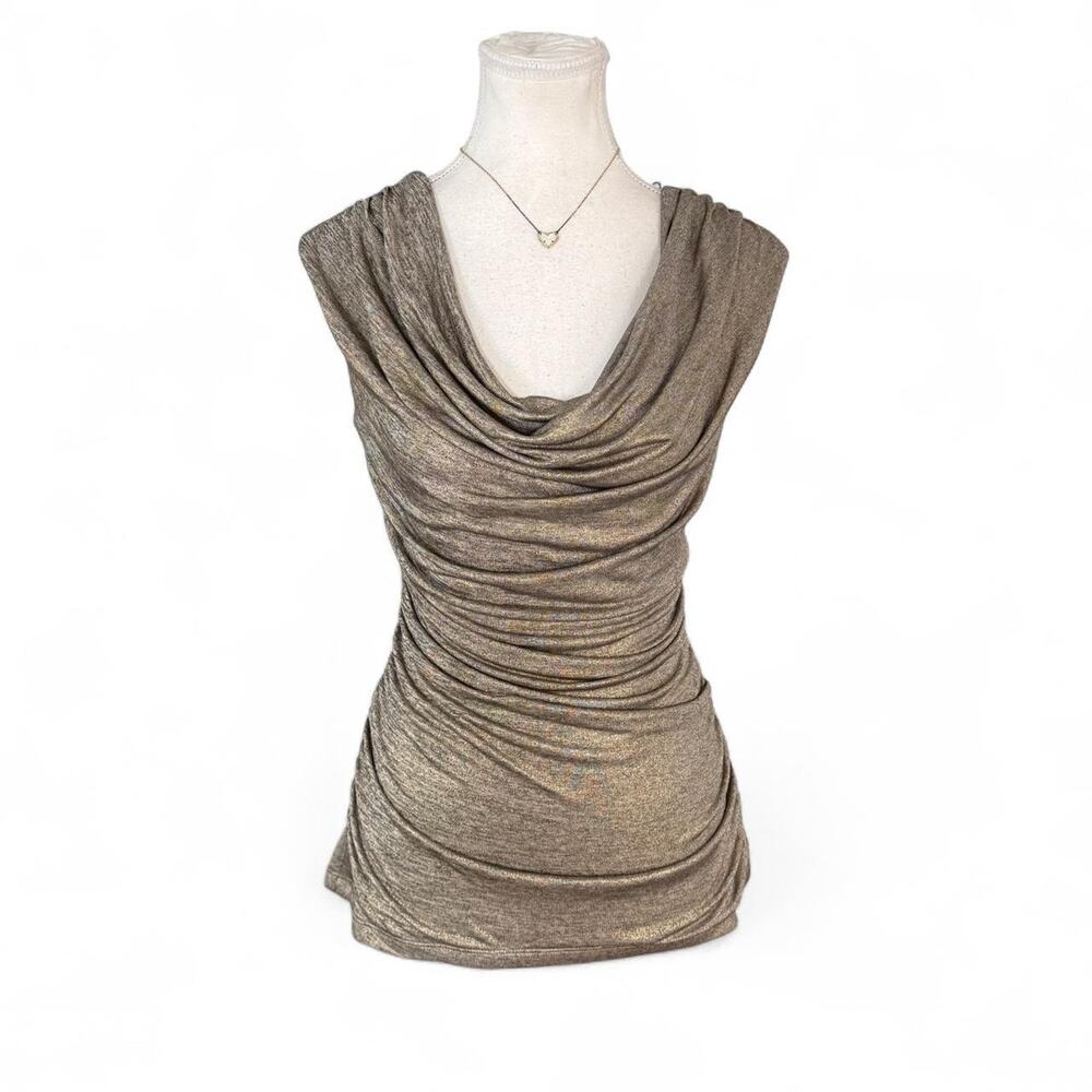 A. Byer gold metallic cowl neck top with black fringe detail, size M grunge